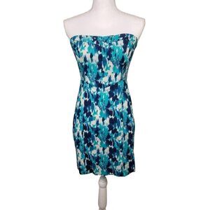 Free People Strapless Blue & Teal Abstract Print Mini Dress With Smocked Back